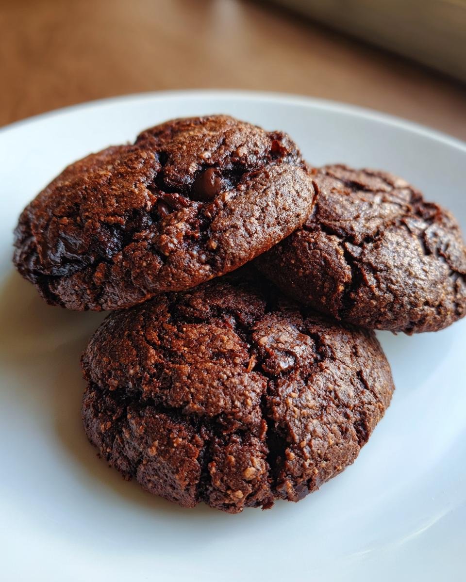 Nahaufnahme von saftigen 10-Minuten Brownie-Cookies mit Kakao auf einem Teller.