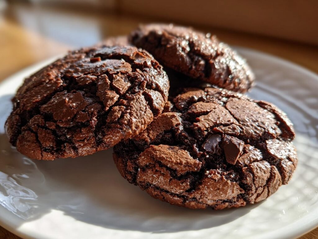 Nahaufnahme von saftigen 10-Minuten Brownie-Cookies mit Kakao auf einem Teller.