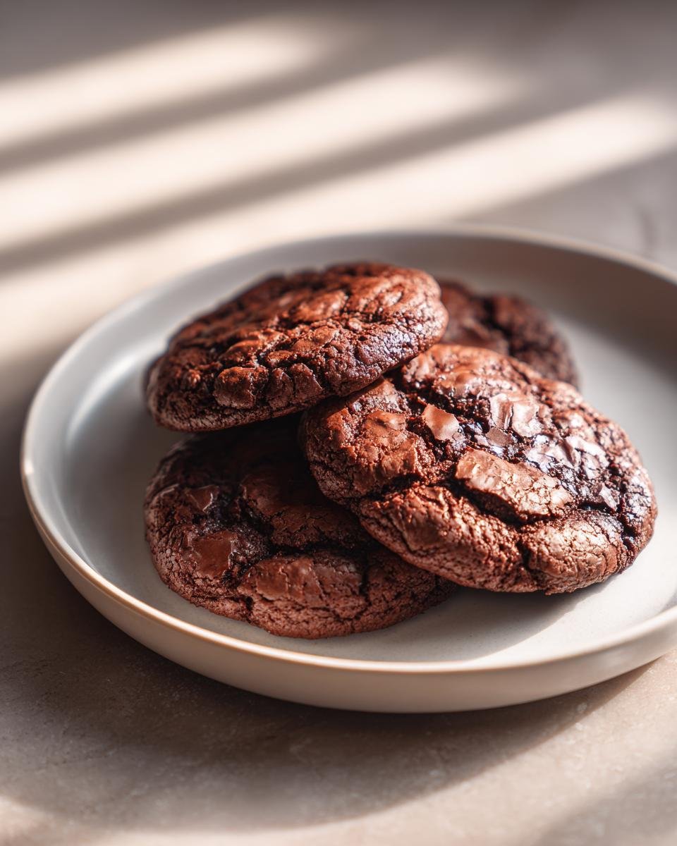 Nahaufnahme von 10-Minuten Brownie-Cookies mit Kakao auf einem Teller. Saftig und einfach zu backen.