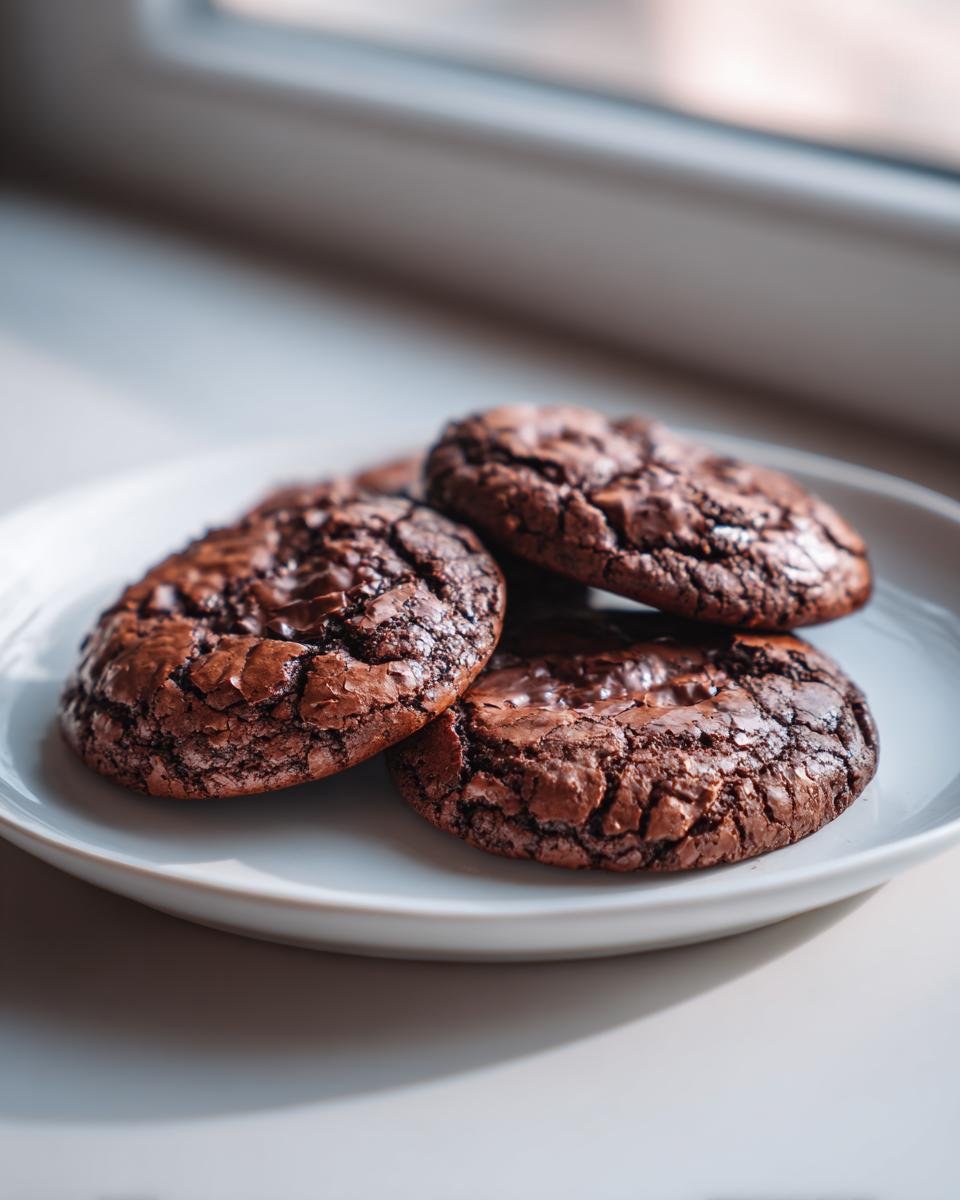 Nahaufnahme von saftigen 10-Minuten Brownie-Cookies mit Kakao auf einem Teller.