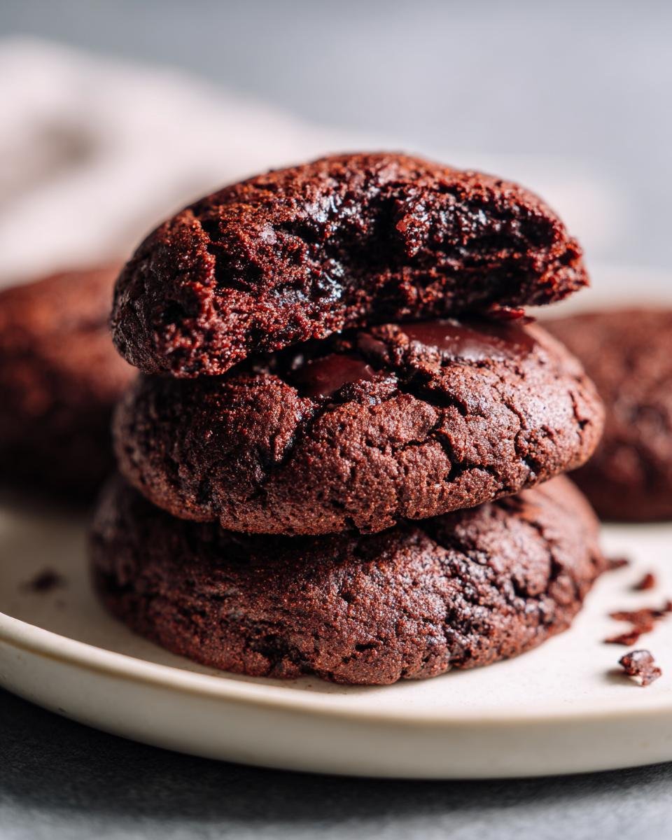 A stack of three 10-Minuten Brownie-Cookies mit Kakao, the top one broken in half to show the fudgy center.