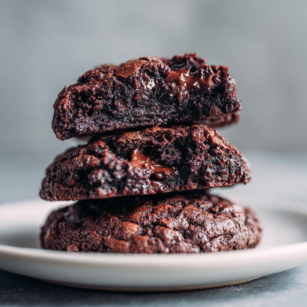 A stack of three delicious 10-Minuten Brownie-Cookies mit Kakao, showing their fudgy texture and melted chocolate.