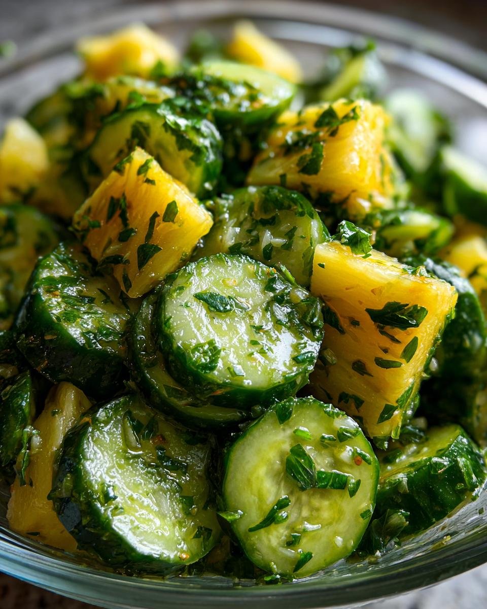 Close-up of Ananas-Gurken-Salat, a German pineapple cucumber salad with fresh herbs.