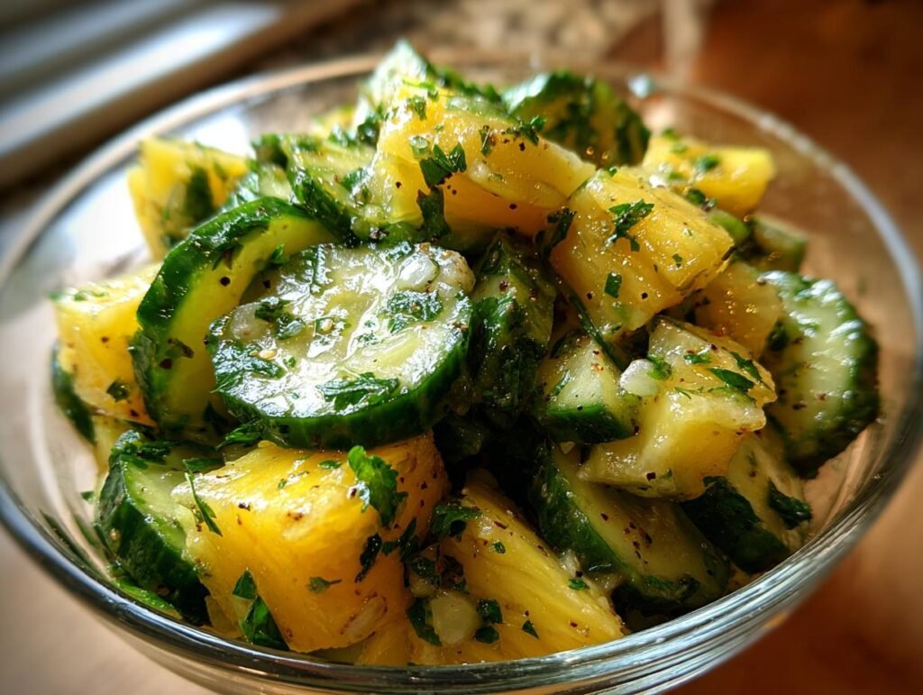 Close-up of Ananas-Gurken-Salat (pineapple cucumber salad) in a glass bowl, garnished with herbs.