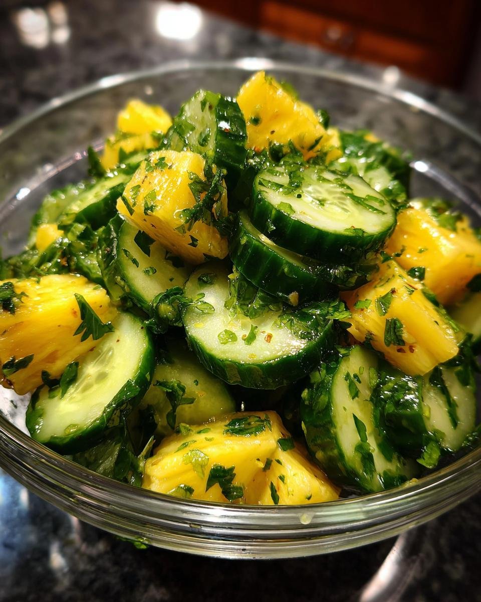 Close-up of Ananas-Gurken-Salat in a glass bowl, showing fresh pineapple and cucumber with herbs.