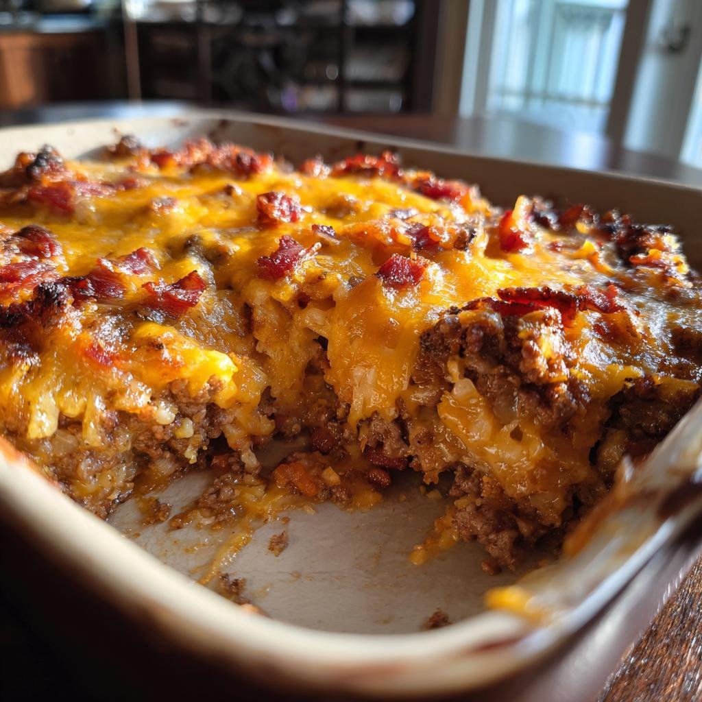 Close-up of Bacon-Cheeseburger-Auflauf, showing layers of ground beef, cheese, and bacon.
