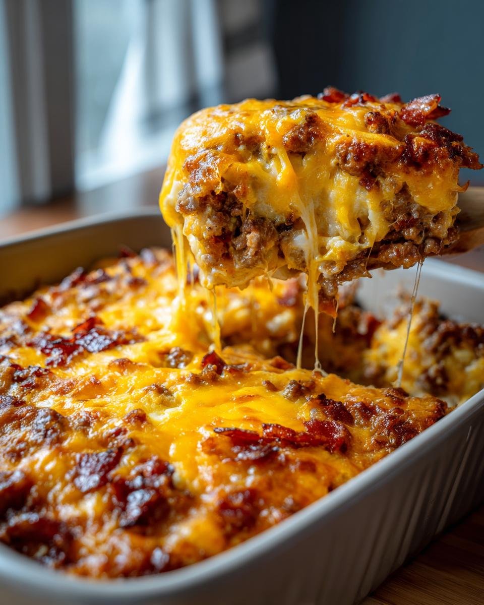 A slice of Der beste Bacon-Cheeseburger-Auflauf! Einfach & Lecker, with melted cheese and bacon being lifted from the casserole dish.