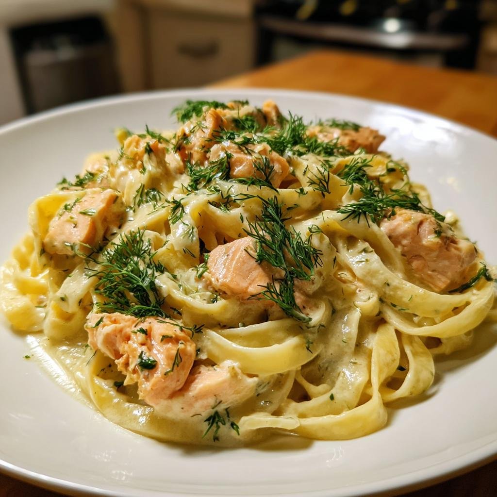 Delicious Bandnudeln mit Lachs in cremiger Sahnesauce, garnished with fresh dill on a white plate.