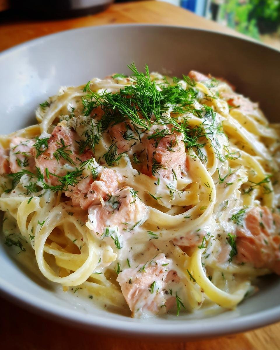 Close-up of Bandnudeln mit Lachs in cremiger Sahnesauce, garnished with fresh dill.