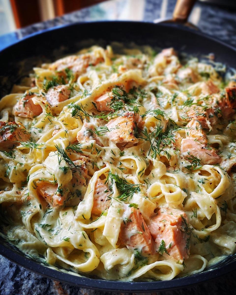 Close-up of Bandnudeln mit Lachs in cremiger Sahnesauce, garnished with fresh dill in a pan.