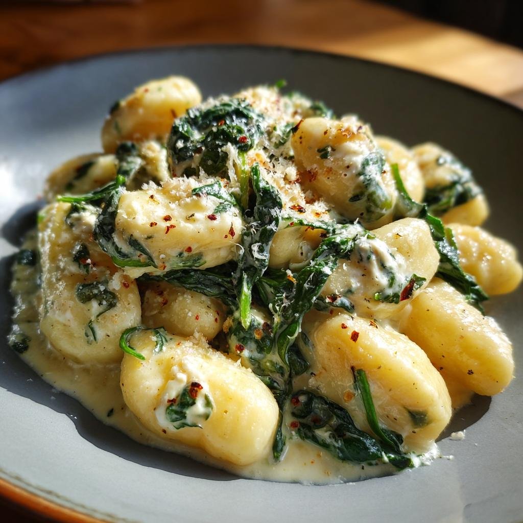 Creamy Blitzschnelle Cremige Gnocchi mit Spinat und Feta on a plate, garnished with parmesan and red pepper flakes.