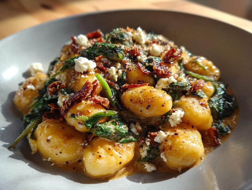 Blitzschnelle Cremige Gnocchi mit Spinat und Feta, served in a bowl. Easy recipe.