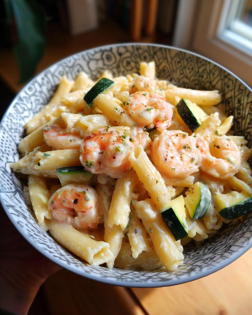 Bowl of Blitzschnelle Farfalle mit Garnelen-Sahne und Zucchini, a quick pasta dinner.