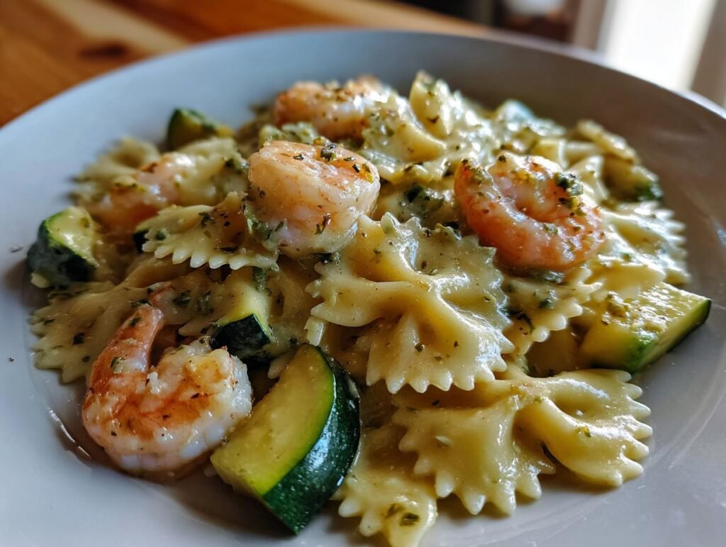 Blitzschnelle Farfalle mit Garnelen-Sahne und Zucchini, served on a white plate, ready to eat.
