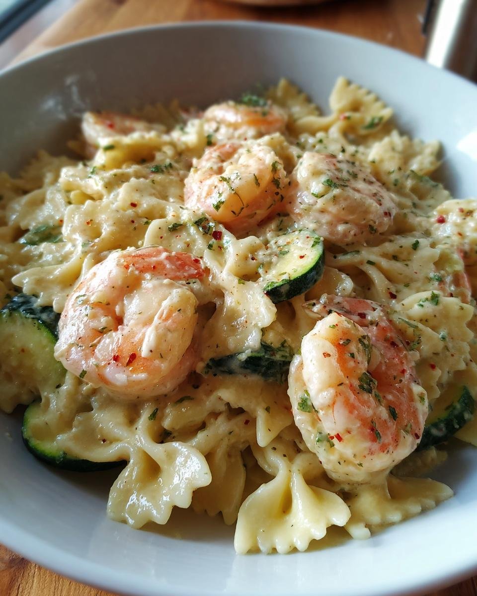 Close-up of Blitzschnelle Farfalle mit Garnelen-Sahne und Zucchini, featuring shrimp, zucchini, and creamy sauce.