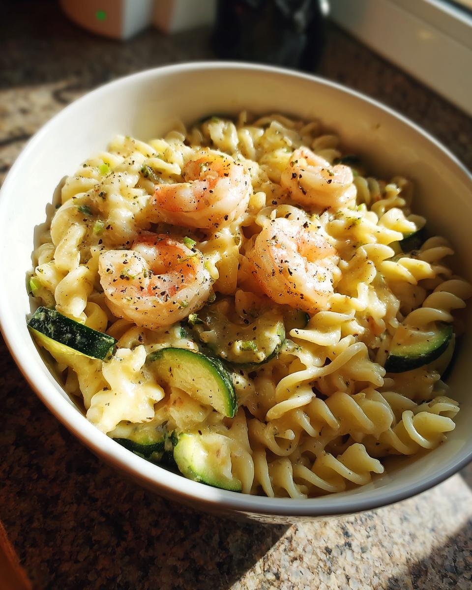 Bowl of Blitzschnelle Farfalle mit Garnelen-Sahne und Zucchini, a quick pasta dish with shrimp and zucchini.