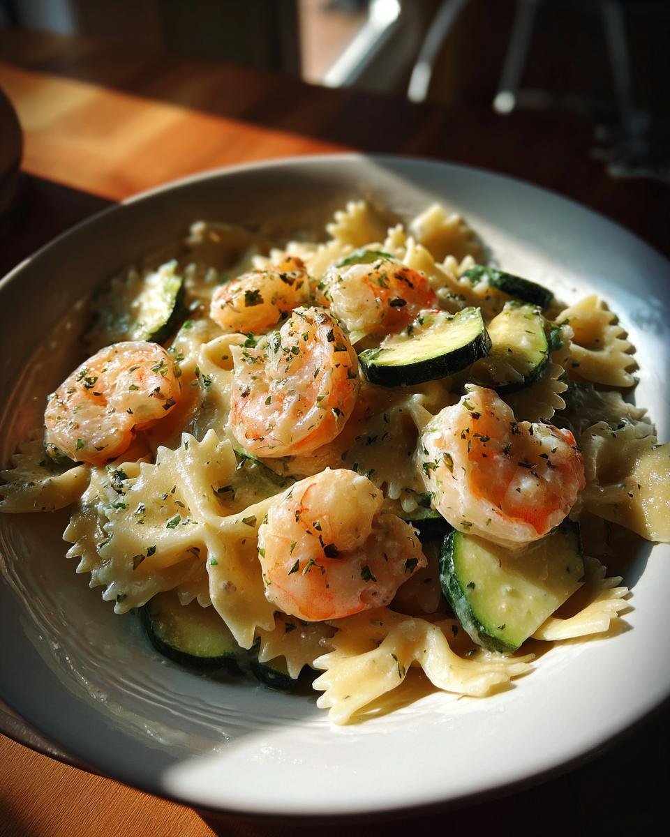 Close-up of Blitzschnelle Farfalle mit Garnelen-Sahne und Zucchini, featuring shrimp, zucchini, and creamy sauce.
