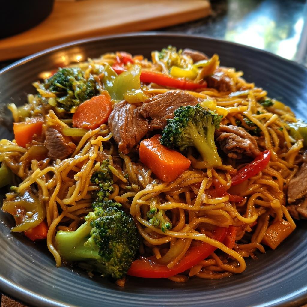 Close-up of Blitzschnelle Gebratene Nudeln mit Ente & Gemüse, featuring noodles, duck, broccoli, peppers, and carrots.