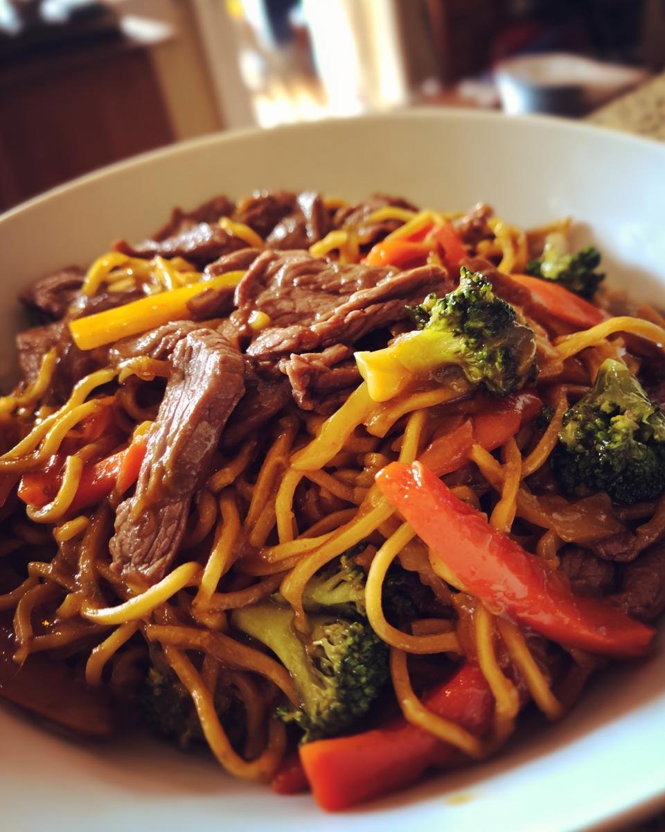 Close-up of Blitzschnelle Gebratene Nudeln mit Ente & Gemüse, featuring noodles, duck, broccoli, and peppers.