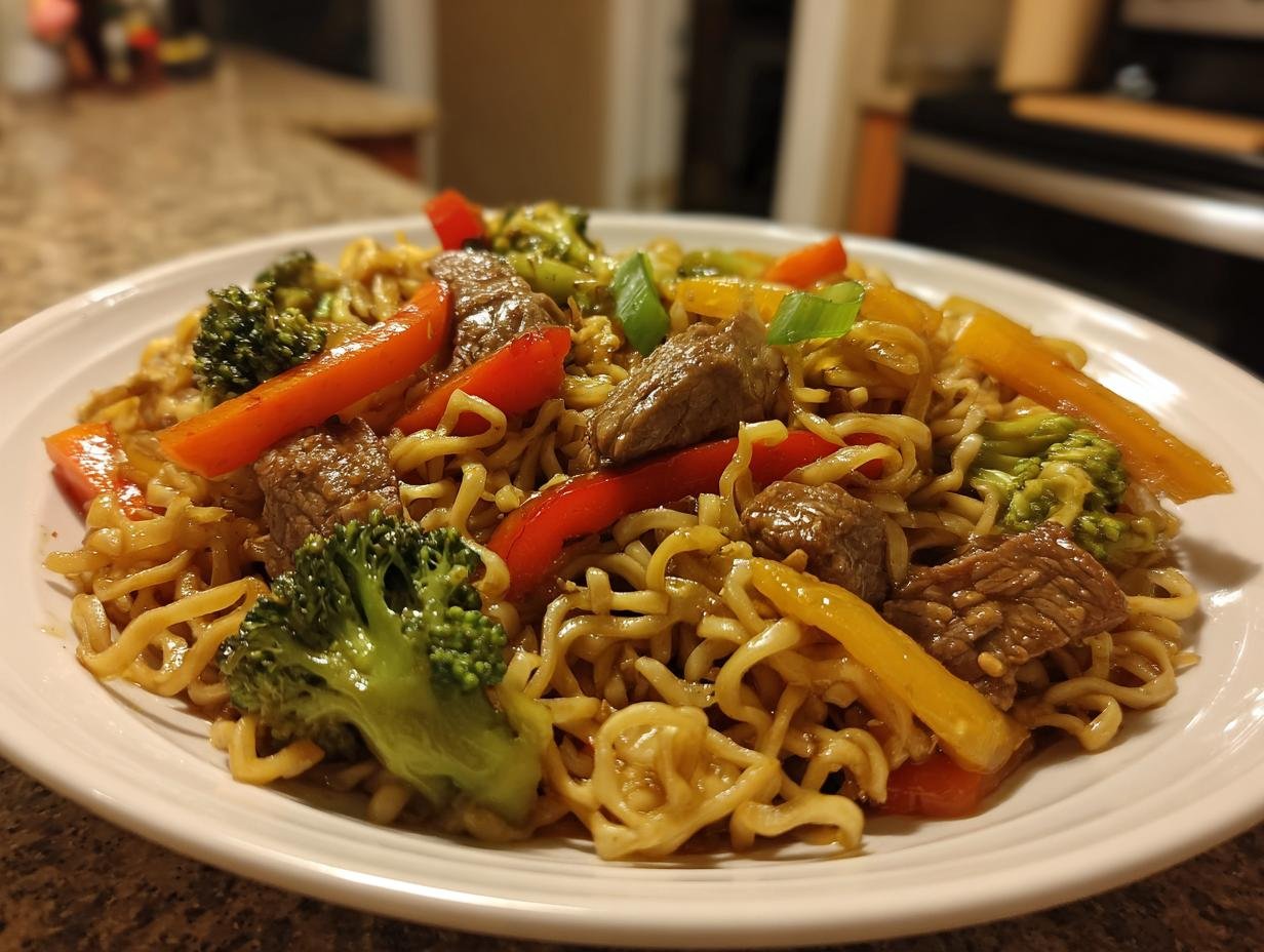 Blitzschnelle Gebratene Nudeln mit Ente & Gemüse, served on a white plate with colorful bell peppers and broccoli.