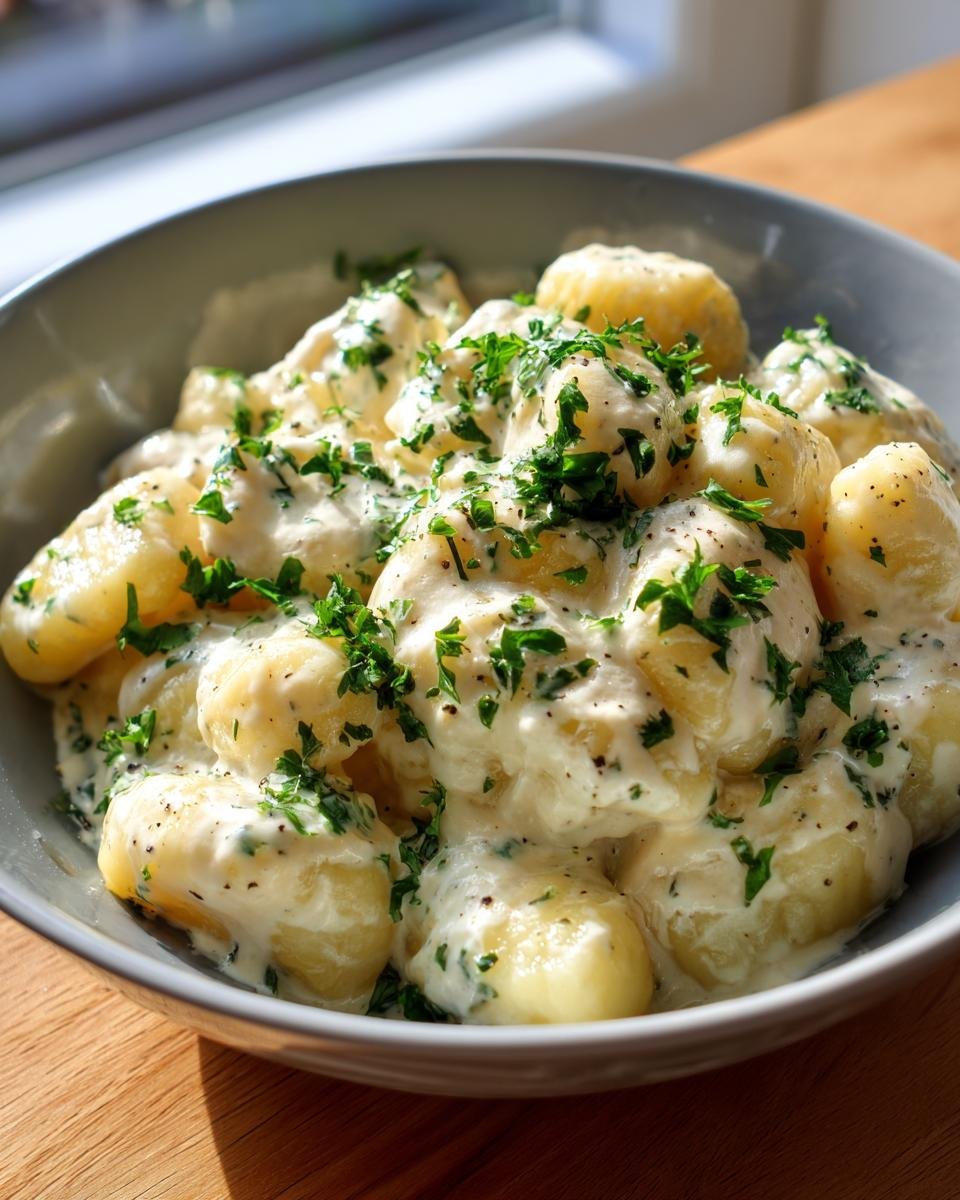 Bowl of Blitzschnelle Gnocchi in cremiger Gorgonzola-Soße, garnished with fresh parsley.