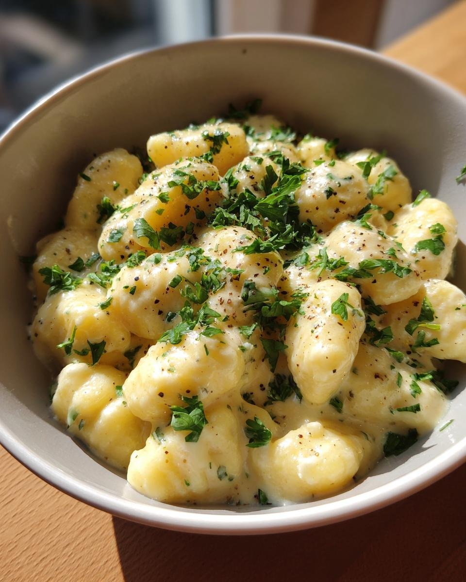 Bowl of Blitzschnelle Gnocchi in cremiger Gorgonzola-Soße, garnished with fresh parsley and pepper.