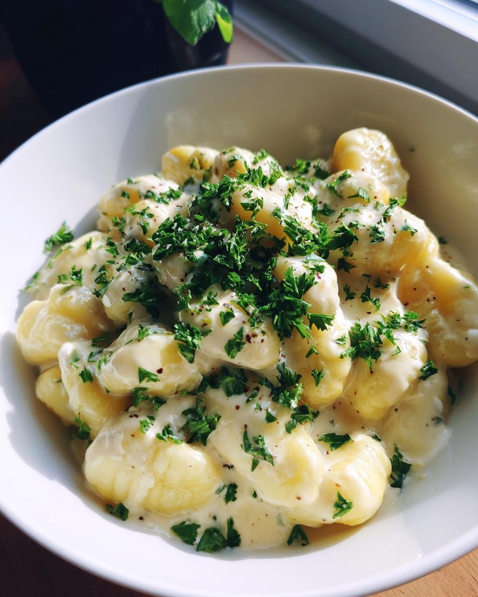 Bowl of Blitzschnelle Gnocchi in cremiger Gorgonzola-Soße, garnished with fresh parsley.