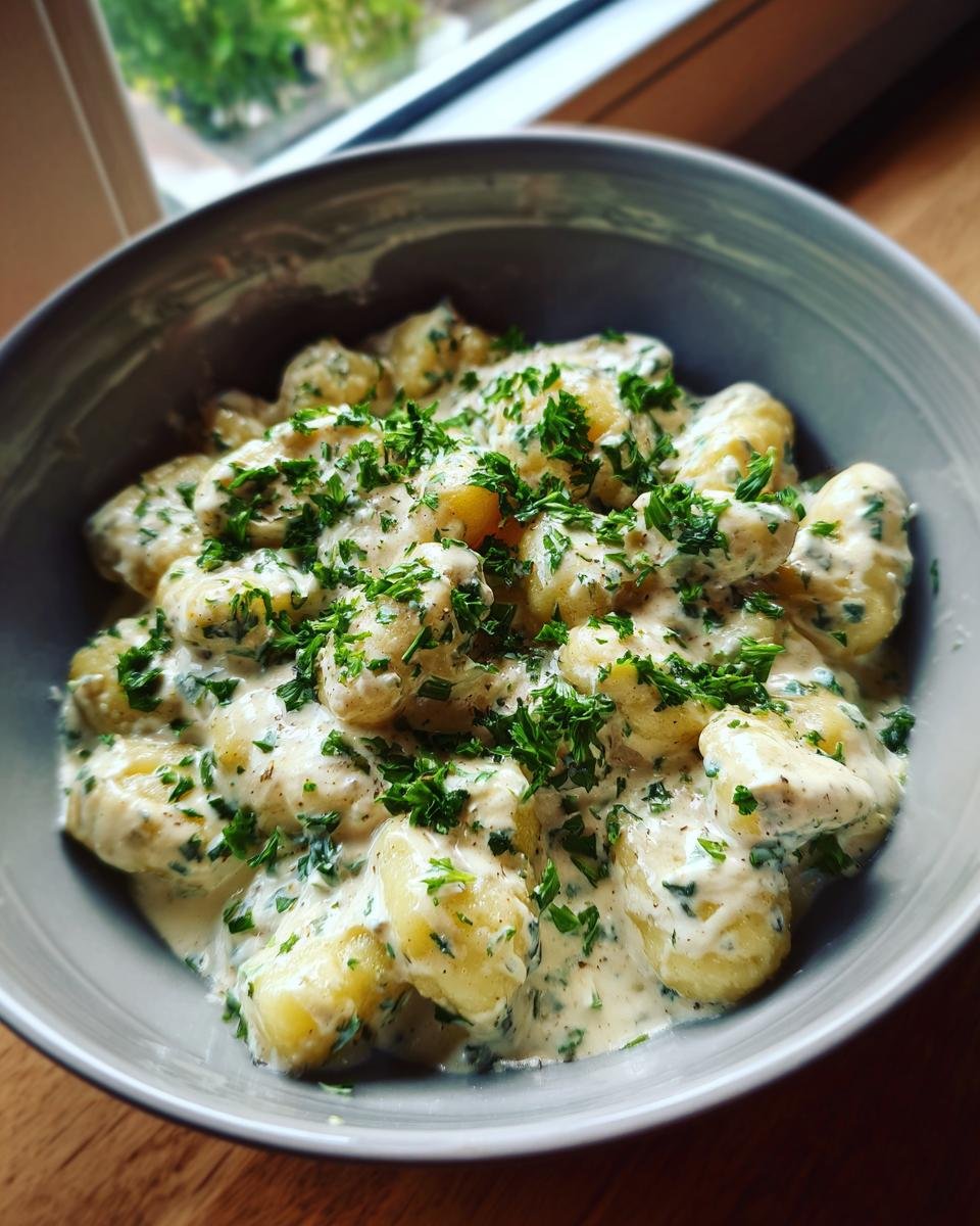 Nahaufnahme von Blitzschnelle Gnocchi in cremiger Gorgonzola-Soße, serviert in einer Schüssel und mit Petersilie garniert.