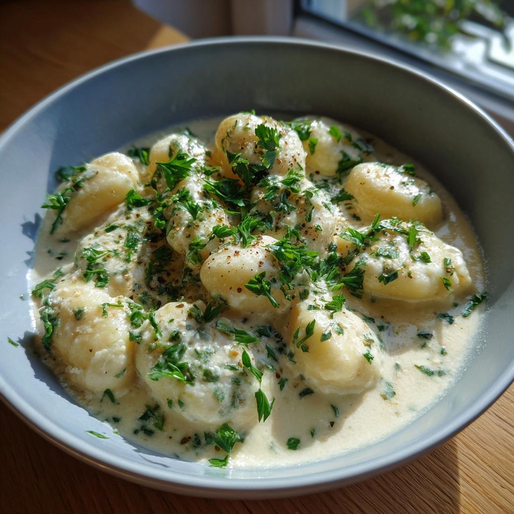 Bowl of Blitzschnelle Gnocchi in cremiger Gorgonzola-Soße, garnished with fresh parsley.