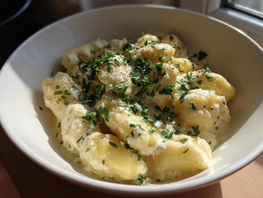 Close-up of Blitzschnelle Gnocchi in cremiger Gorgonzola-Soße, garnished with fresh parsley in a white bowl.