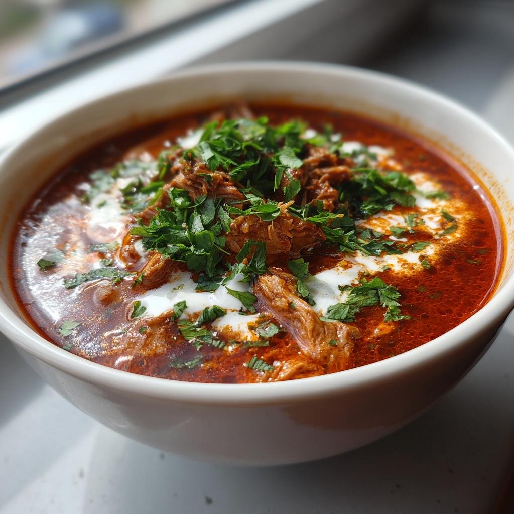 A bowl of Blitzschnelle Gyrossuppe, featuring meat, a creamy swirl, and fresh herbs.