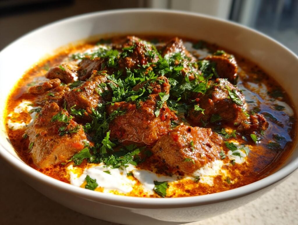Close-up of Blitzschnelle Gyrossuppe in a white bowl, garnished with parsley and cream.