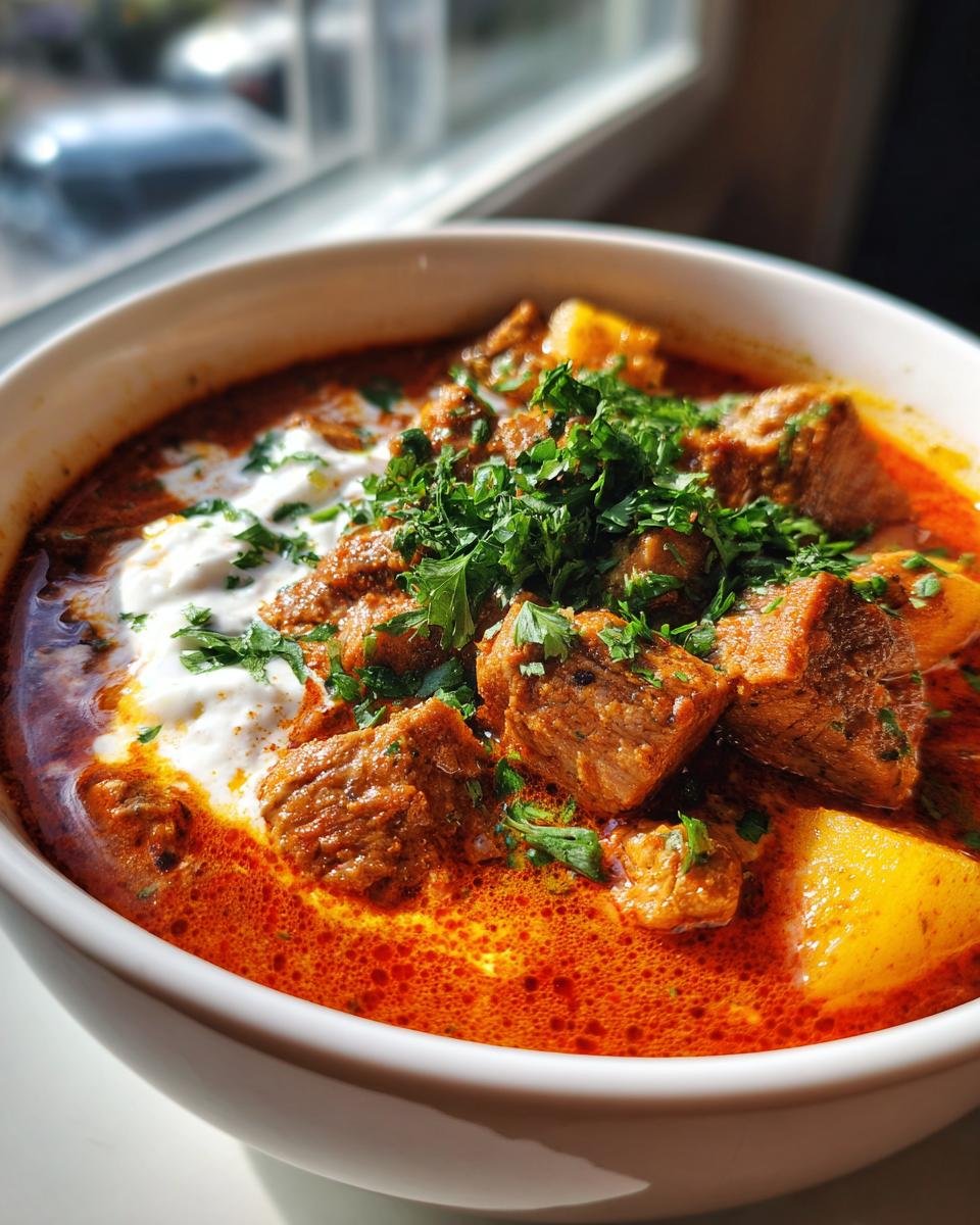 Bowl of Blitzschnelle Gyrossuppe with meat, potatoes, creamy sauce, and parsley garnish.