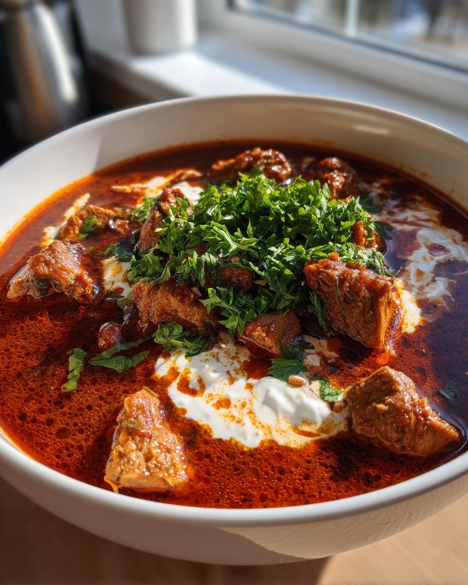 A bowl of Blitzschnelle Gyrossuppe, a German soup with meat, cream, and fresh herbs.