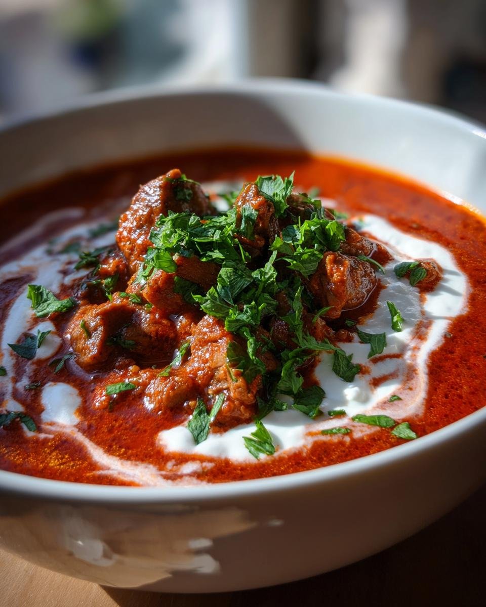 Close-up of Blitzschnelle Gyrossuppe in a bowl, garnished with cream and fresh parsley.