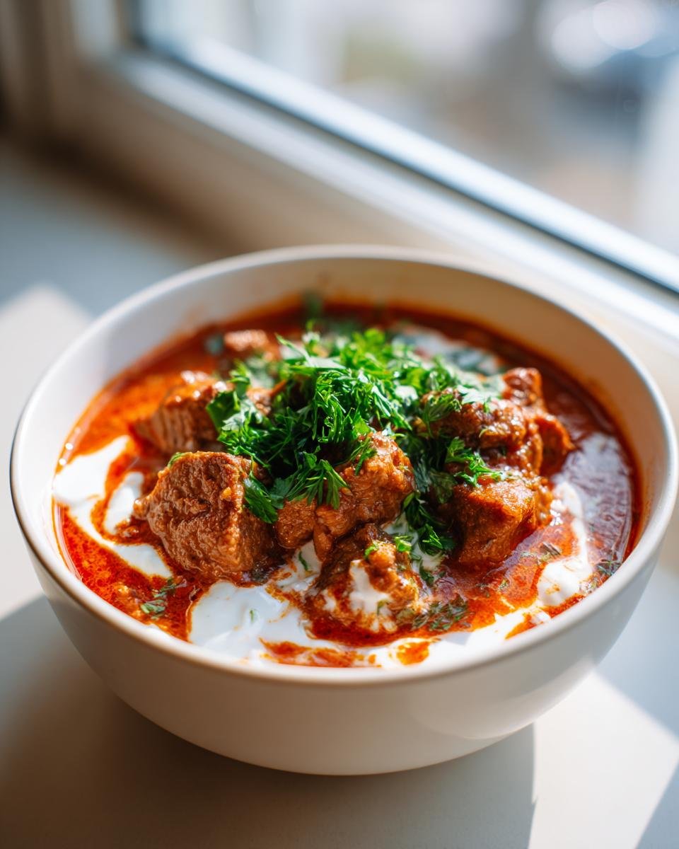 Close-up of Blitzschnelle Gyrossuppe: Herzhaft Genießen in einer weißen Schüssel, garniert mit frischen Kräutern.