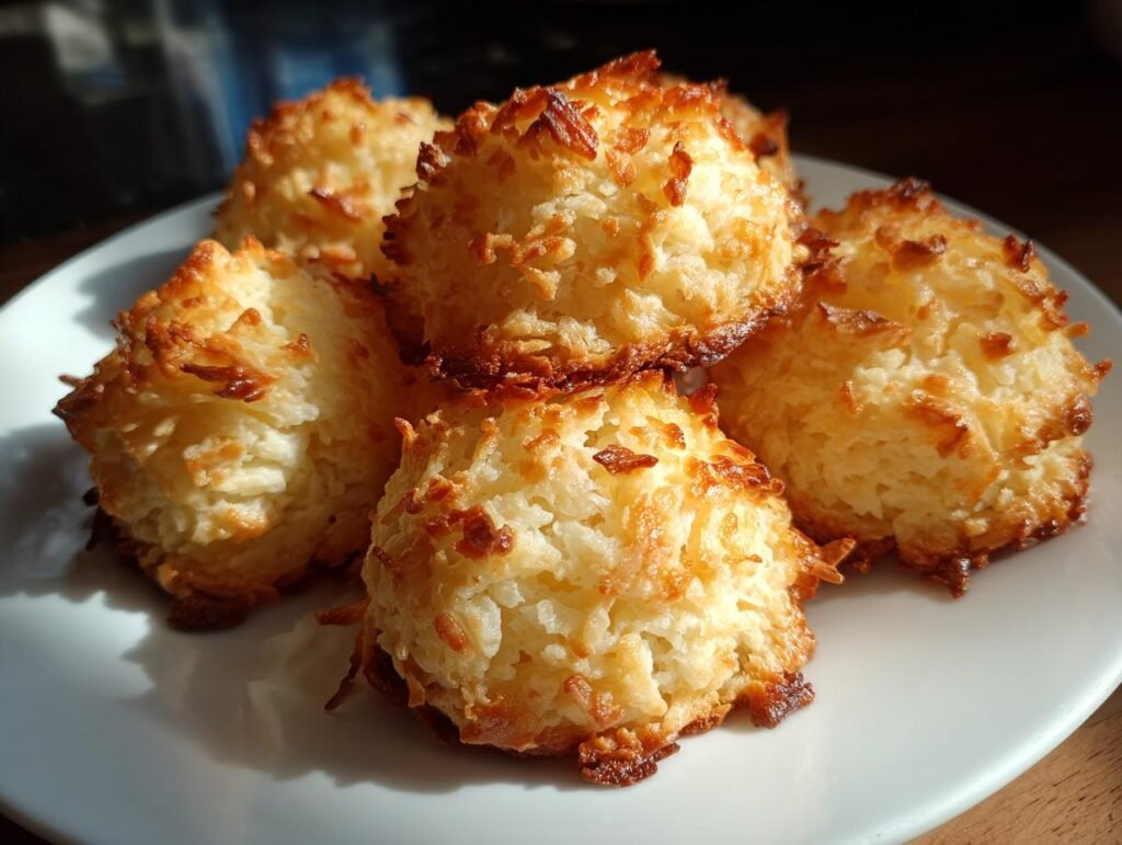 Close-up of Blitzschnelle Kokosmakronen, golden brown and piled on a white plate.