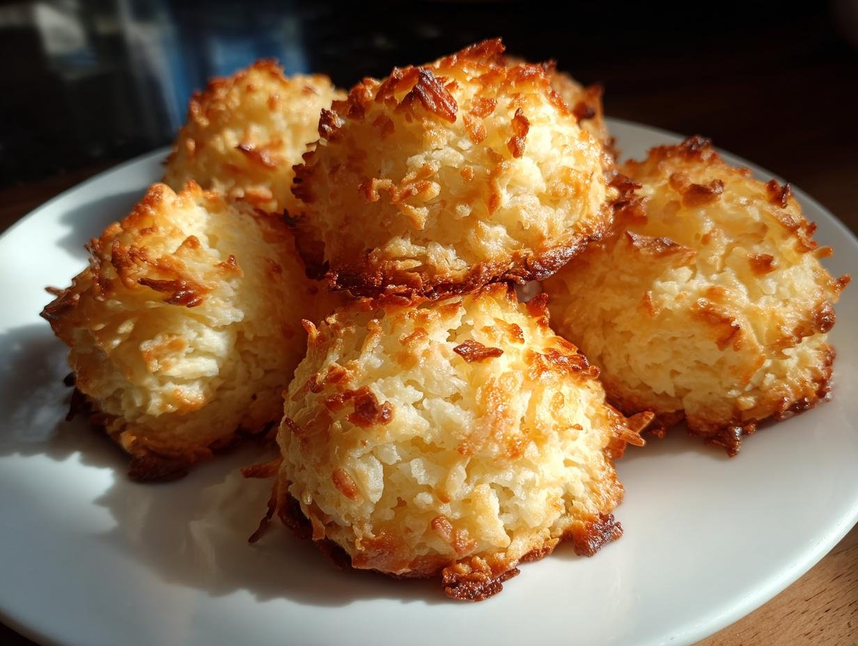 Close-up of Blitzschnelle Kokosmakronen, golden brown and piled on a white plate.