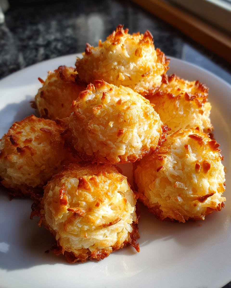 A plate of Blitzschnelle Low Carb Kokosmakronen, golden brown and delicious.