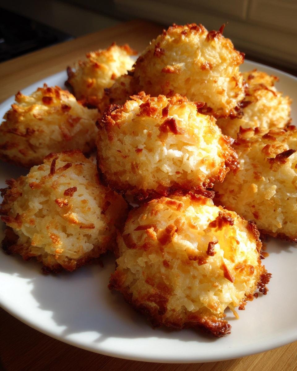A plate of golden brown Blitzschnelle Low Carb Kokosmakronen, or coconut macaroons, ready to eat.