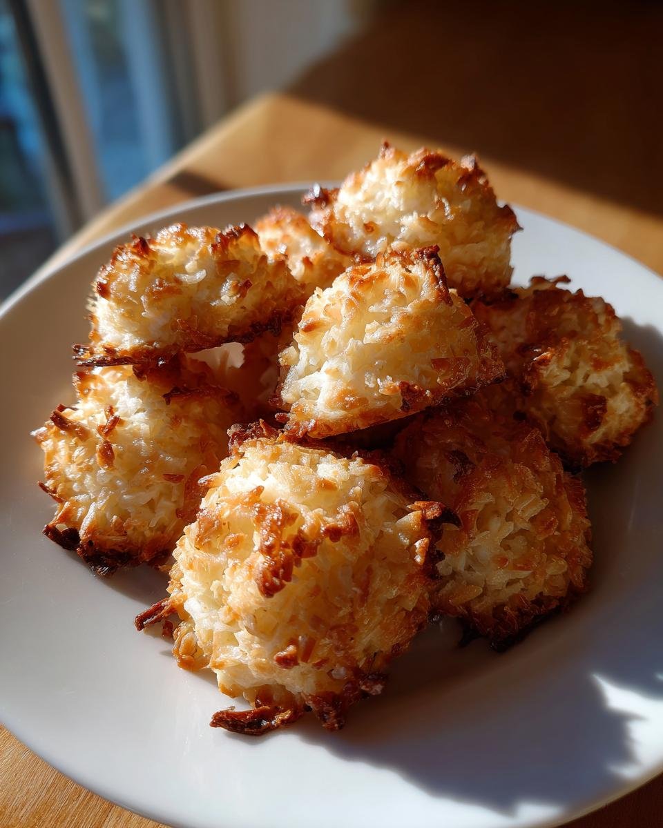 A plate of golden brown Blitzschnelle Low Carb Kokosmakronen, showcasing their toasted coconut texture.