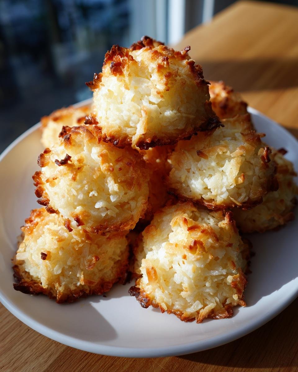 Pile of Blitzschnelle Low Carb Kokosmakronen on a white plate, showing their golden-brown edges and coconut texture.