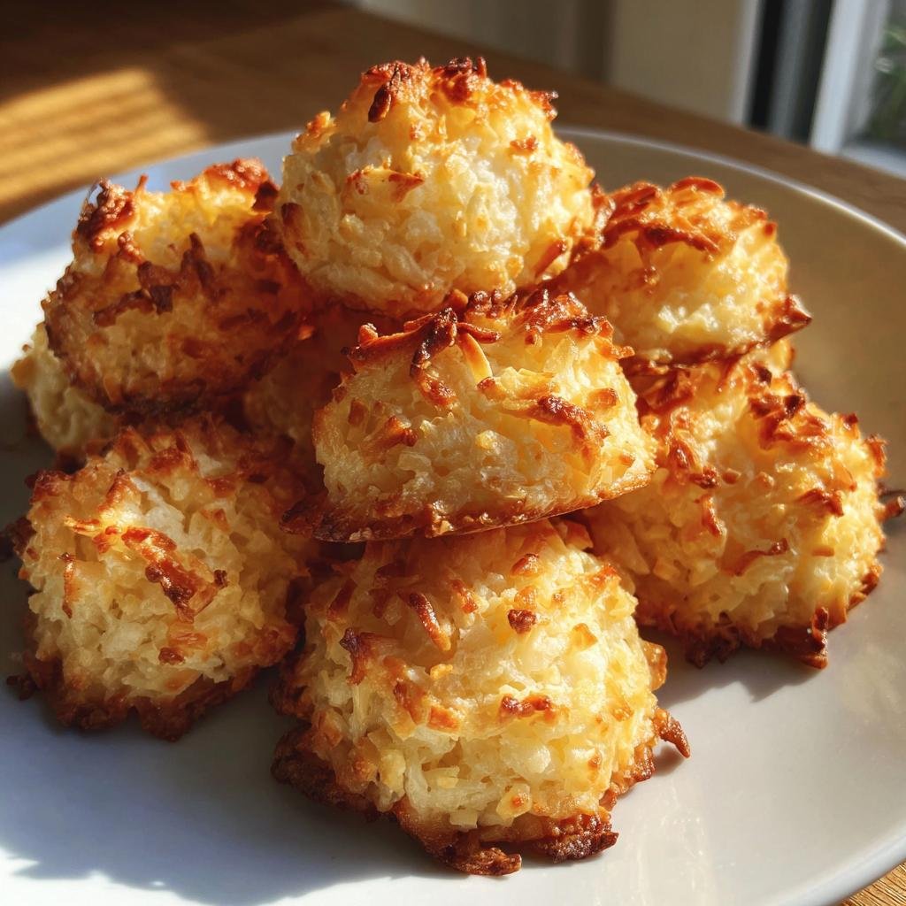 A pile of Blitzschnelle Low Carb Kokosmakronen on a white plate, golden brown and delicious.