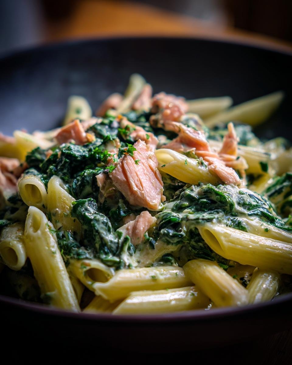 Close-up of Blitzschnelle Penne in cremiger Spinat-Lachs-Sauce, featuring penne pasta, spinach, and salmon.