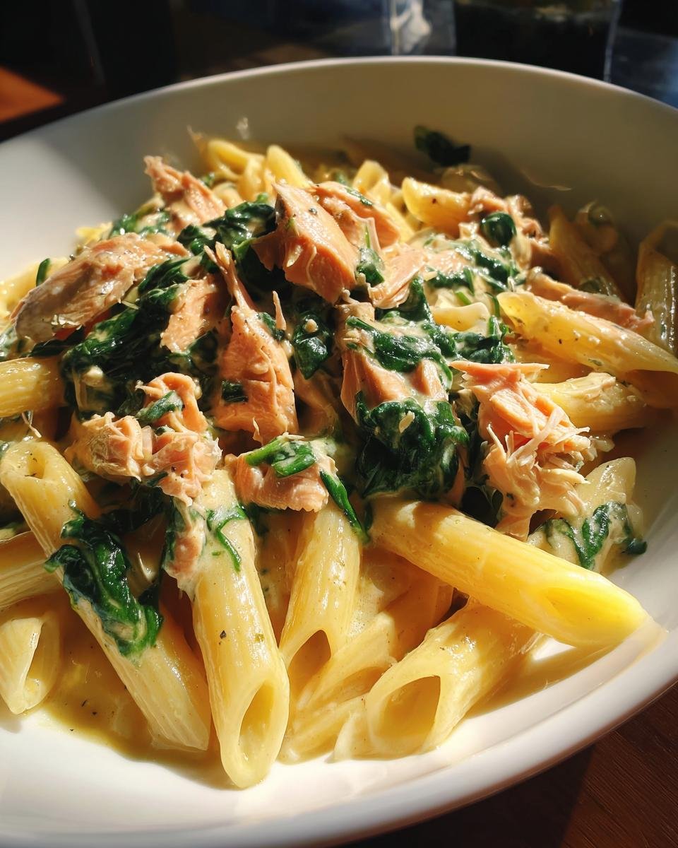 Penne pasta with creamy spinach and salmon sauce, a delicious Blitzschnelle Penne dish.