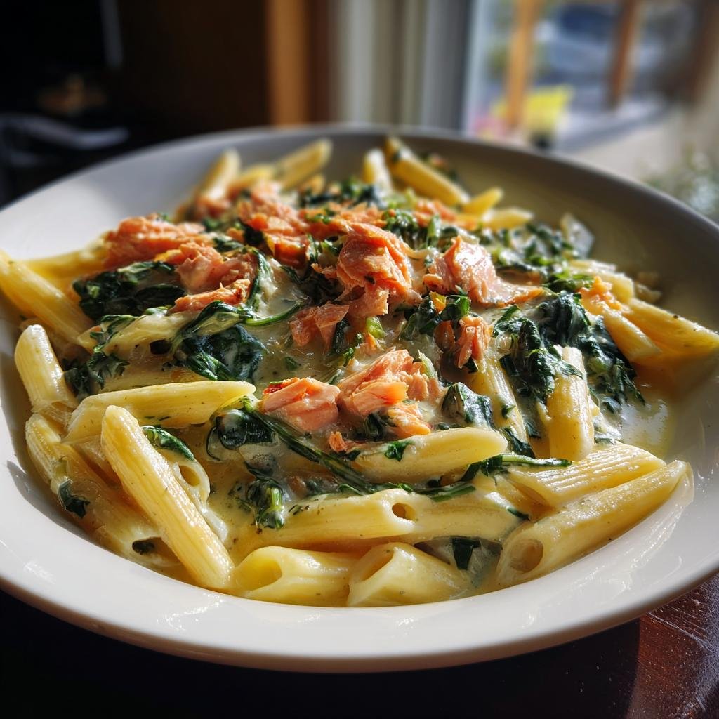 Close-up of Blitzschnelle Penne in cremiger Spinat-Lachs-Sauce, a quick and delicious pasta dish.
