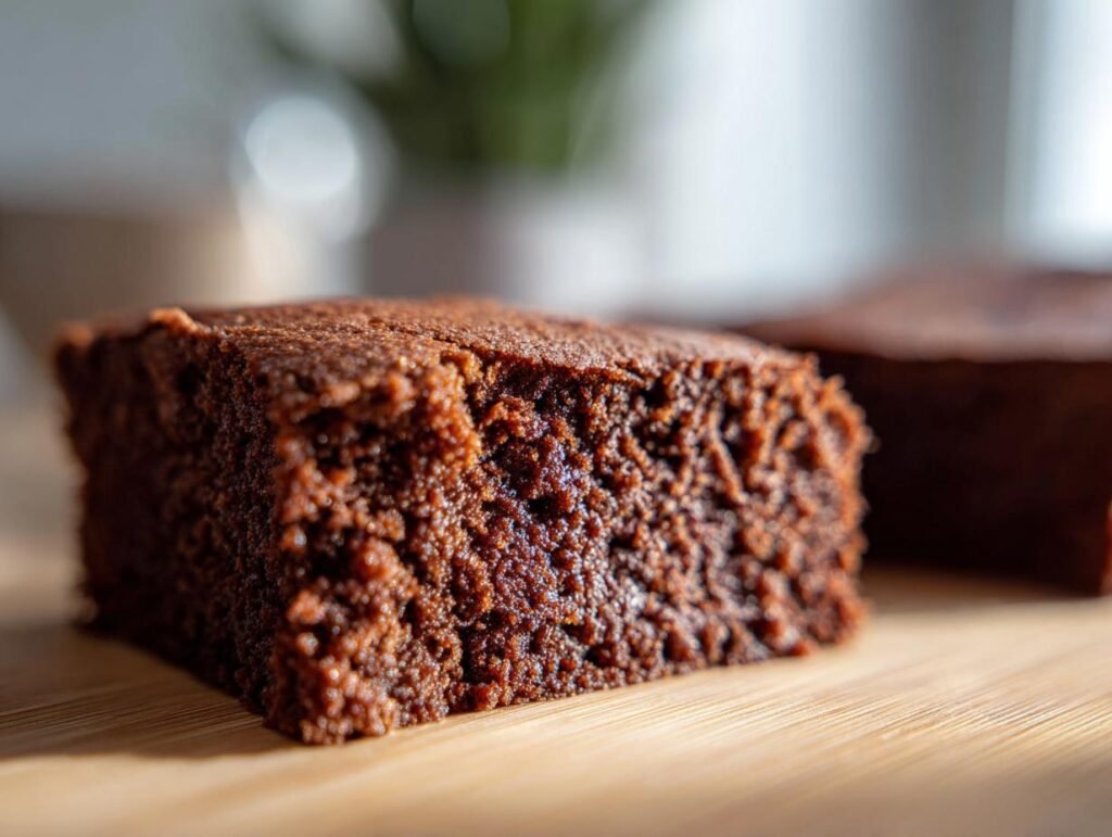 Close-up of a blitzschnelle Protein Brownie on a wooden surface. Delicious and healthy baking.