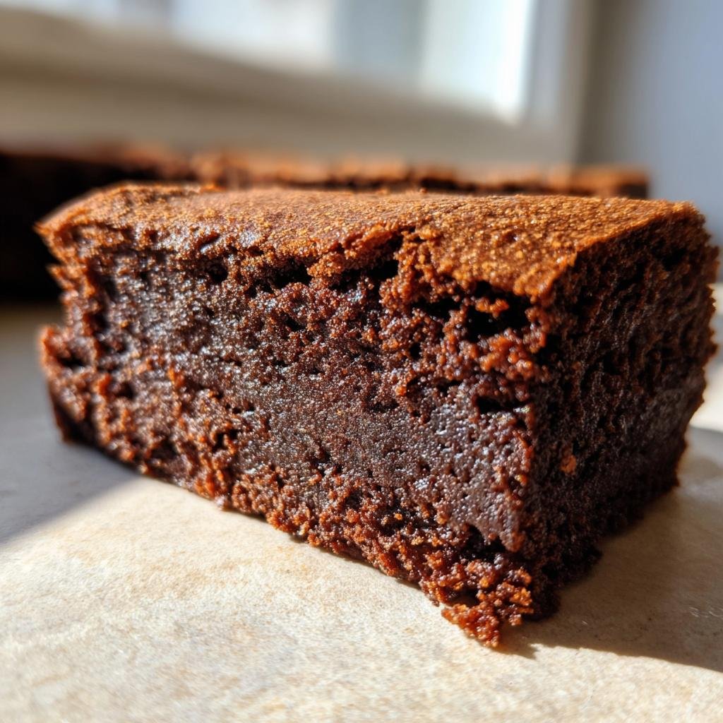 A close-up of a slice of Blitzschnelle Protein Brownies, showcasing its rich, moist texture.