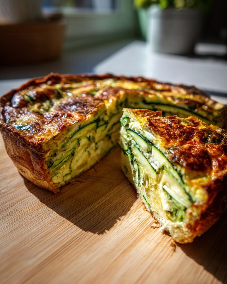 A freshly baked Blitzschnelle Quiche mit Zucchini & Mozzarella on a wooden board, with a slice cut out.