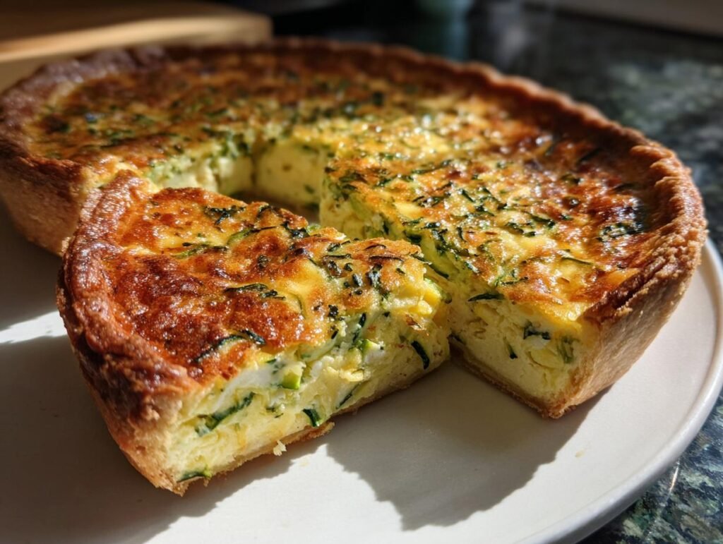 Delicious Blitzschnelle Quiche mit Zucchini & Mozzarella on a plate, with a slice cut out.